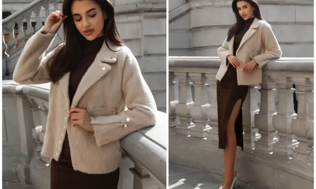 Elegancka kobieta w modnej, beżowej kurtce i brązowej sukience z rozcięciem. Idealna stylizacja na jesień.
