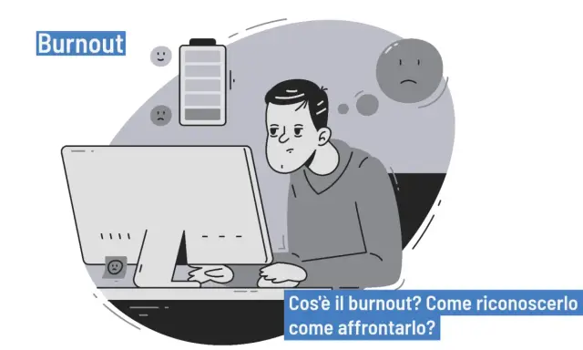 Uomo esausto davanti al PC, con batteria scarica e faccine tristi. Psicologia del burnout: come riconoscerlo e affrontarlo.