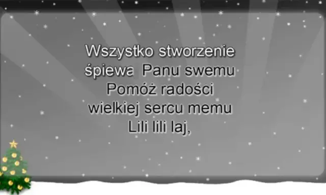 Gdy śliczna panna tekst kolędy "Lili lili laj" na tle zimowego krajobrazu ze śnieżynkami i choinką.