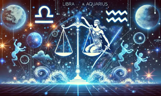 Kosmiczna wizja z wagą sprawiedliwości, symbolami Libry i Aquariusa, planetami i świetlistymi postaciami. W tej przestrzeni, gdzie rodzą się denarów uczucia, gwiazdy splatają losy.