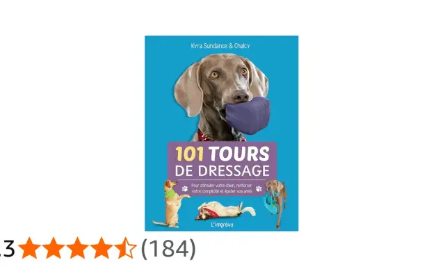 Livre "101 tours de dressage" pour apprendre des tours à son chien. Un Weimaraner tient un coussin dans sa gueule.