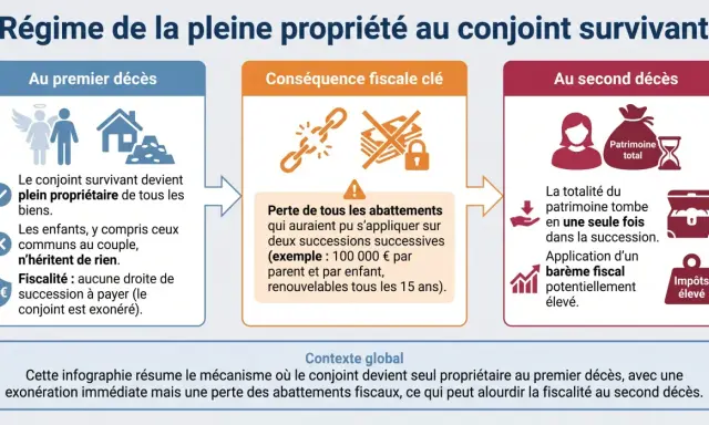 Infographie sur le régime de la pleine propriété au conjoint survivant : au premier décès, le conjoint hérite de tout sans droits de succession, mais perd les abattements fiscaux, alourdissant la fiscalité au second décès.