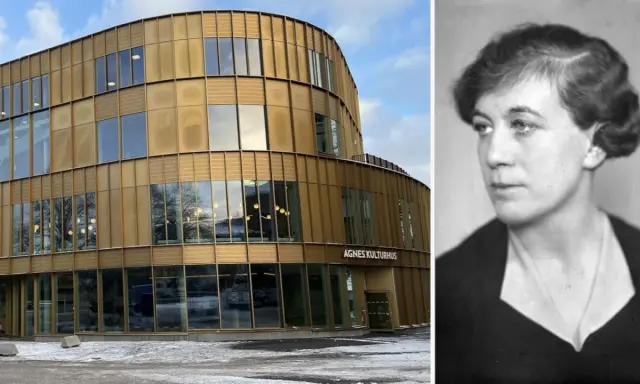 Agnes kulturhus, en modern byggnad i guld, bredvid ett porträtt av författaren Agnes von Krusenstjerna.