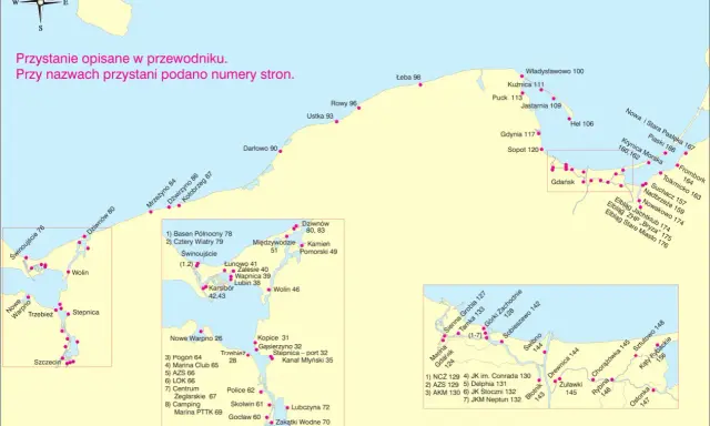 Mapa przedstawiająca linię brzegową Bałtyku z zaznaczonymi przystaniami i ich numerami stron.