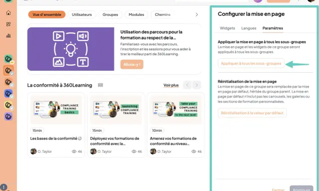 Interface de configuration de la mise en page pour une meilleure organisation des formations. Bouton "Appliquer à tous les sous-groupes" visible.
