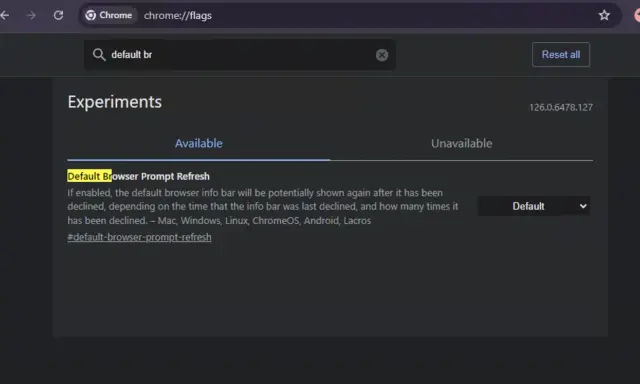 Ekran Chrome://flags z wyszukiwaną frazą "default br" i opcją "Default Browser Prompt Refresh".