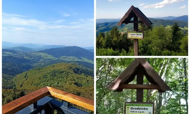 Beskid Wyspowy atrakcje: widok na góry, tabliczki szlaków na Luboń Wielki (1022 m) i Grodzisko (618 m).