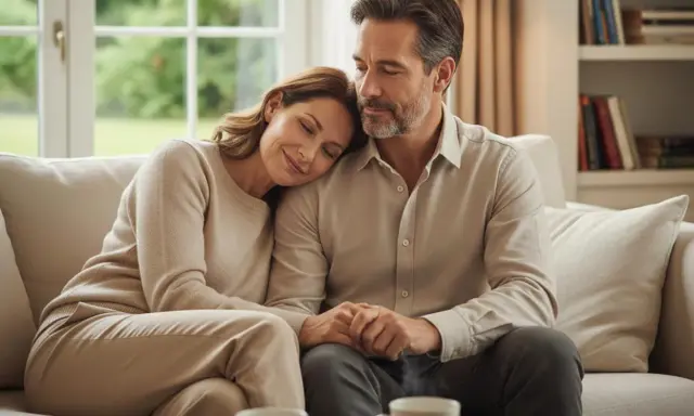 Una pareja en un sofá, ella apoya la cabeza en su hombro. Sus manos entrelazadas reflejan que es la intimidad en la pareja.