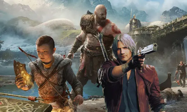 Kratos i Atreus z God of War na Switchu, obok nich Dante z pistoletem.