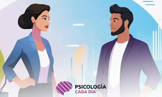 Dos personas conversan, fomentando la comunicación abierta. Un cerebro estilizado y el texto "Psicología Cada Día" sugieren un enfoque en el bienestar mental.