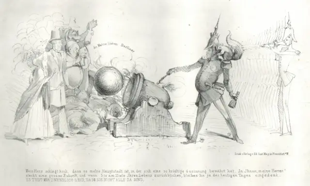 Karikatur zur Revolution 1848: Ein Soldat zündet eine Kanone, während Berliner fliehen.