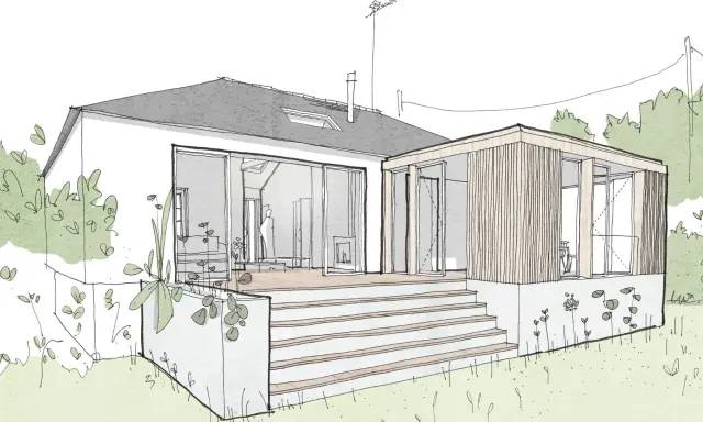 Croquis d'une extension de maison moderne avec terrasse en bois. Estimation du prix extension maison 20m2.