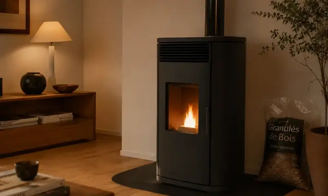 Poêle à granulés moderne en fonctionnement, avec une flamme vive. À côté, un sac de granulés de bois, prêt pour le ramonage.