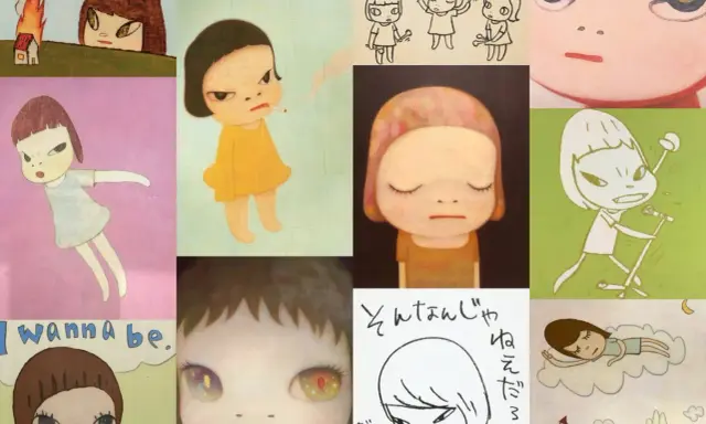 Collage of iconic works by Nara artist, featuring children with expressive eyes, some smoking, others dreaming, and one with a house on fire.