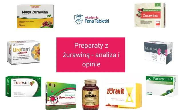 Preparaty z żurawiną na częste oddawanie moczu u kobiet: Mega Żurawina, Urofem, Furoxin, Żurawina Uro-complex, Solgar Żurawina, iUravit.