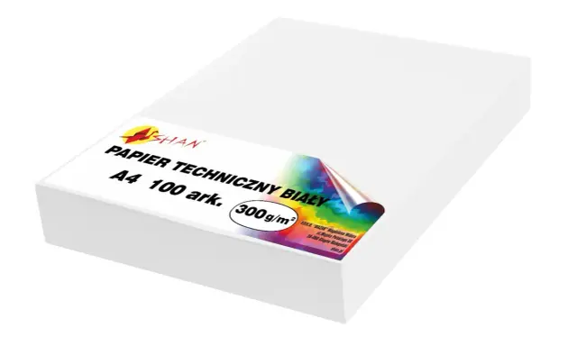 Biały papier techniczny A4, 100 arkuszy. Jego gramatura papieru 300g/m2 zapewnia wytrzymałość. Idealny do druku i rysunku.