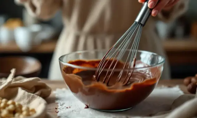 Une main utilise un fouet pour travailler le chocolat fondu dans un bol en verre. Des noisettes sont visibles sur le côté.