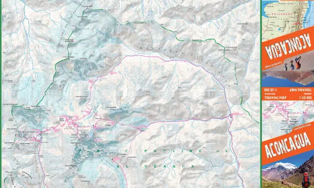 Mapa trekkingowa Aconcagua z zaznaczonymi szlakami i nazwami szczytów. Widok z lotu ptaka na góry.
