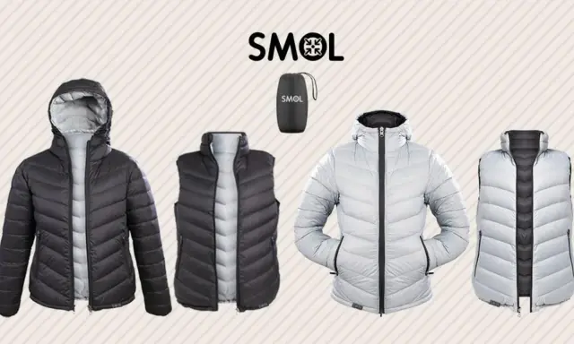 Dwustronne kurtki i kamizelki puchowe SMOL w kolorach czarnym i jasnoszarym.