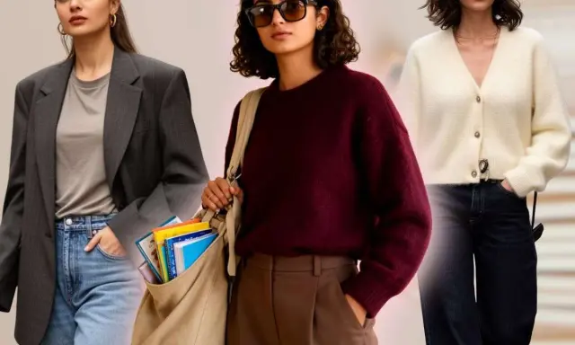 Tre donne mostrano un outfit da insegnante donna: blazer grigio, maglione bordeaux e cardigan bianco, con jeans e pantaloni eleganti.