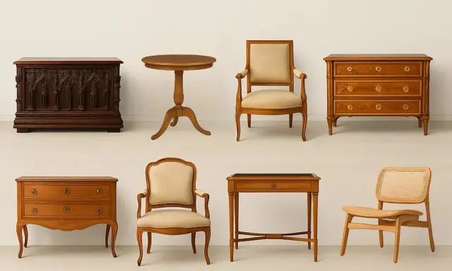 Mobilier d'époque Empire : commode sculptée, table ronde, fauteuils Louis XVI, commode marquetée, table de jeu et chaise cannage.