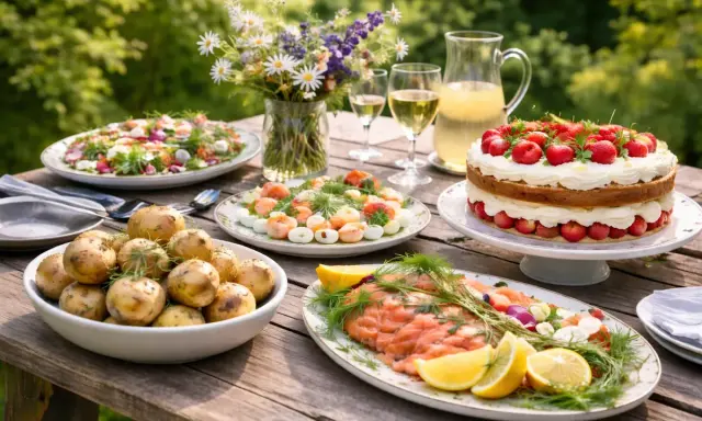 En härlig midsommarmåltid med gravad lax, färskpotatis, räkor, sallad och jordgubbstårta. Detta är vad man har på midsommarbordet.
