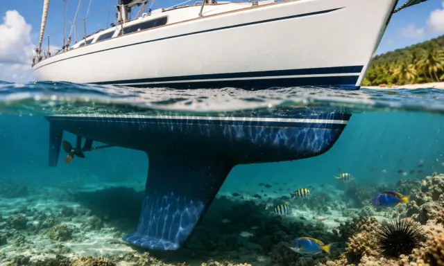 Vue sous-marine d'un voilier de 6m, avec sa quille et son hélice. Le prix antifouling bateau 6m est une préoccupation pour maintenir cette coque propre. Poissons et coraux dans les eaux claires.