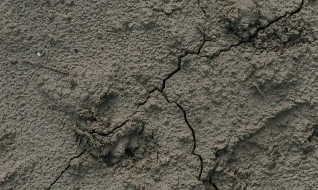 Torr, sprucken lera som ser ut att torka i ugn. Det finns en liten virvel av lera och några små stenar.