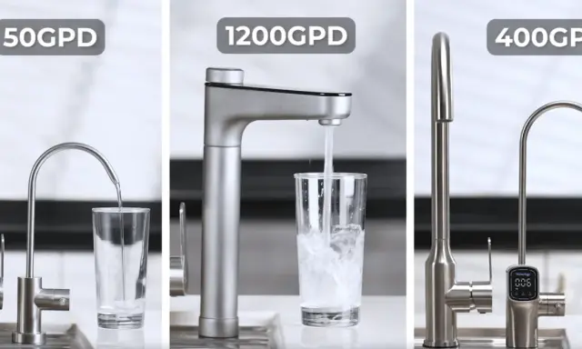 Tre kranar visar olika flöden av rena vatten i glas.