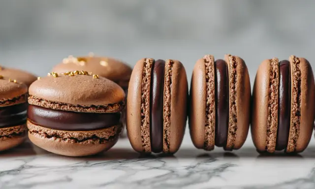 Délicieux macarons au chocolat, parfaits pour une recette macaron chocolat gourmande. Garniture riche et coques aériennes.
