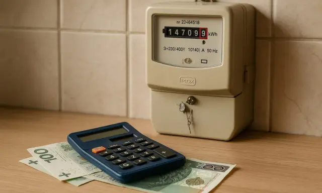 Kalkulator i licznik energii elektrycznej obok banknotów. Obrazek pomaga zrozumieć, jak przeliczyć kw na kwh.