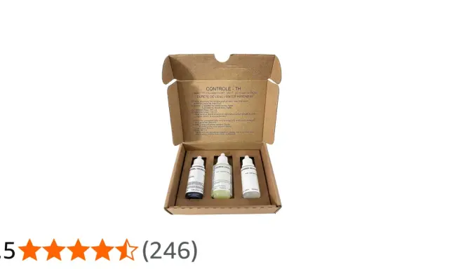 Kit pour analyse dureté de l'eau avec trois flacons de réactifs. Instructions pour le contrôle de la dureté de l'eau.