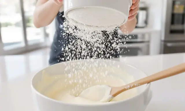 Une main saupoudre du glacage sucre glace sur une préparation crémeuse dans un bol blanc, avec une cuillère en bois.