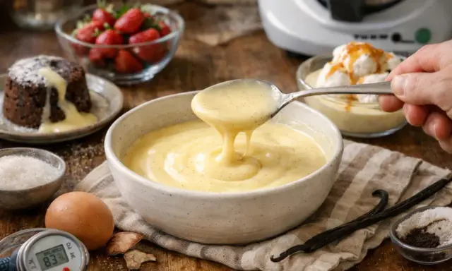Une cuillère de sauce à la vanille onctueuse, parfaite pour une recette sauce creme. Des fraises, un gâteau au chocolat et des ingrédients de pâtisserie sont disposés autour.