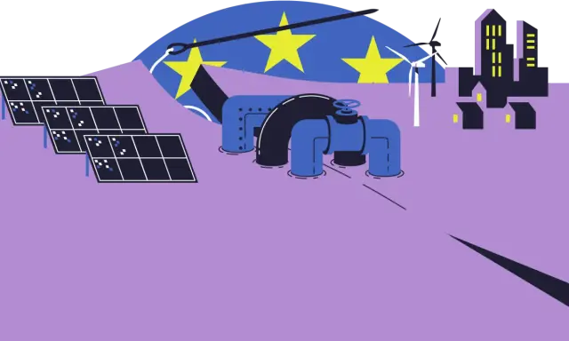 Europäische Union: Solarpanels, Windräder und ein Rohrleitungssystem symbolisieren die aktuelle Stromerzeugung in Europa.