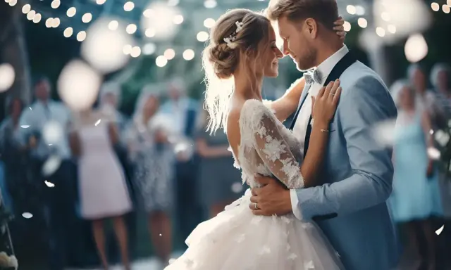 Para młoda tańczy przy świetle lampek. Zastanawiasz się, co zaśpiewać na weselu dla pary młodej?