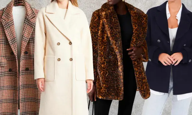 Four women model different peacoat styles: plaid, cream wool, leopard print faux fur, and navy blue.
