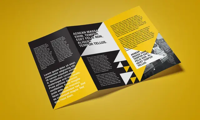 Ulotka mockup z tekstem i geometrycznymi wzorami. Projekt graficzny na żółtym tle.