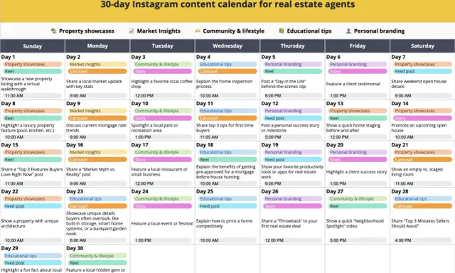 Calendario de contenido de Instagram para agentes inmobiliarios. Planifica tu mes para hacer calendario de publicaciones.