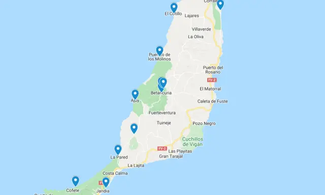 Mapa Fuerteventury z zaznaczonymi punktami: Corralejo, El Cotillo, Ajuy, Betancuria, Cofete, Morro Jable. Zobacz, co warto zobaczyć na wyspie!