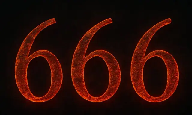 Trzy płonące cyfry 666, symbolizujące tajemnicze znaczenie liczby 666.