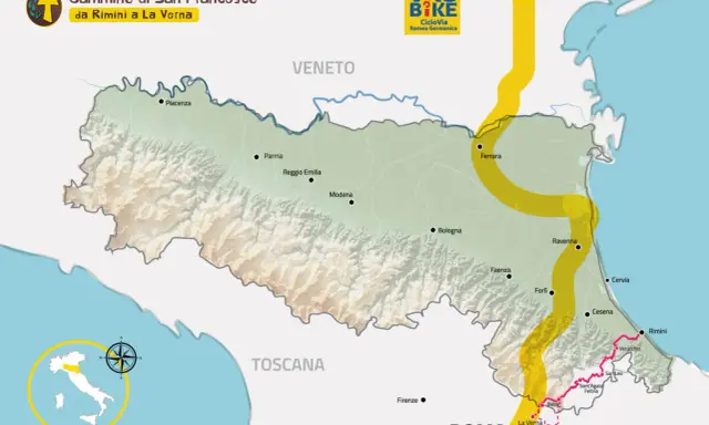 Mappa del cammino di San Francesco da Rimini a La Verna, con percorso ciclabile evidenziato.