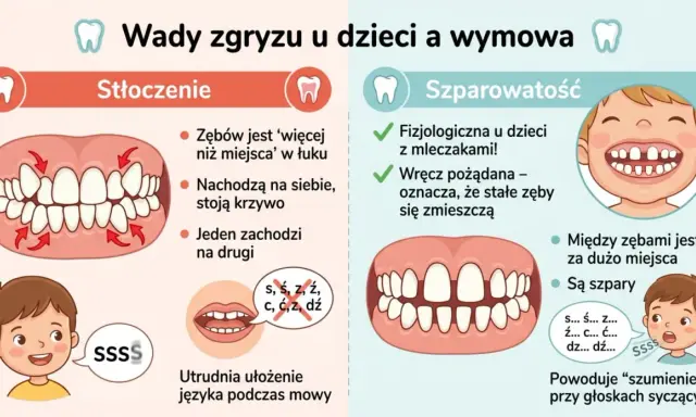 Stłoczenie zębów i szparowatość mogą leczyć wady wymowy. Ilustracja pokazuje problemy z zębami i ich wpływ na mowę.