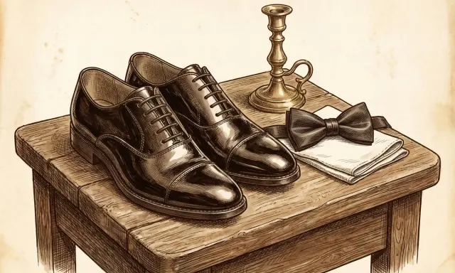 A pair of polished black cap-toe oxfords, the perfect shoes to wear with a tuxedo, sit on a wooden table next to a bowtie, handkerchief, and candlestick.