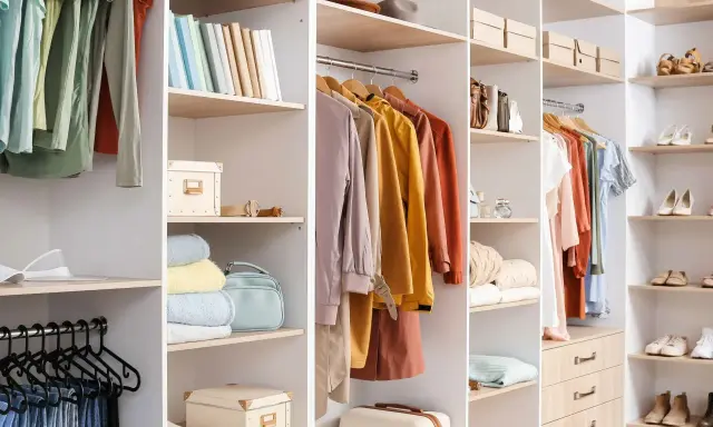 Un dressing bien organisé avec des vêtements suspendus, des étagères remplies de livres, de boîtes et de sacs. Idéal pour organiser son dressing.