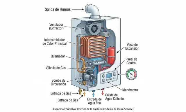 Diagrama de una caldera mostrando sus componentes internos. Se ve el intercambiador de calor, quemador y ventilador. ¡Ojalá la caldera haga ruido de agua pronto!