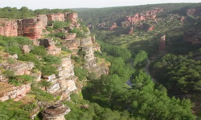 Impresionante cañón con formaciones rocosas rojizas y vegetación frondosa, típico de las áreas protegidas de Castilla-La Mancha.