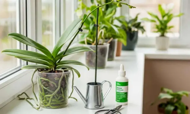 Orchidée en pot transparent avec racines aériennes, arrosoir miniature, ciseaux et engrais. Guide pour savoir comment faire refleurir une orchidée.