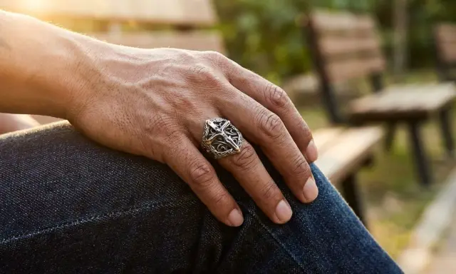 Un uomo indossa un anello con croce, simbolo di fede e protezione. Il sole illumina la sua mano poggiata sui jeans.
