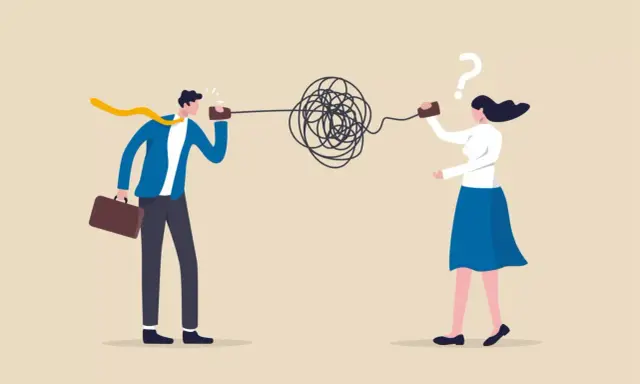Un hombre y una mujer intentan comunicarse con latas y cuerdas, pero el mensaje se enreda, ilustrando la falta de comunicación efectiva.